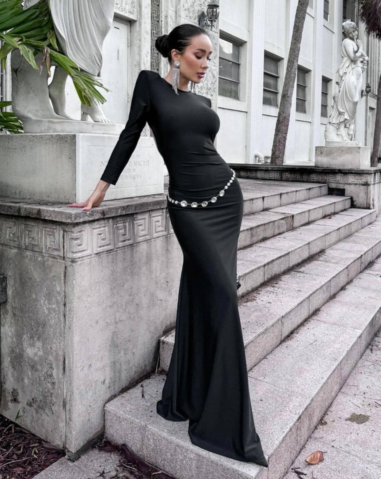 Long Sleeve Crystal Belt Maxi Dress Black HV9973