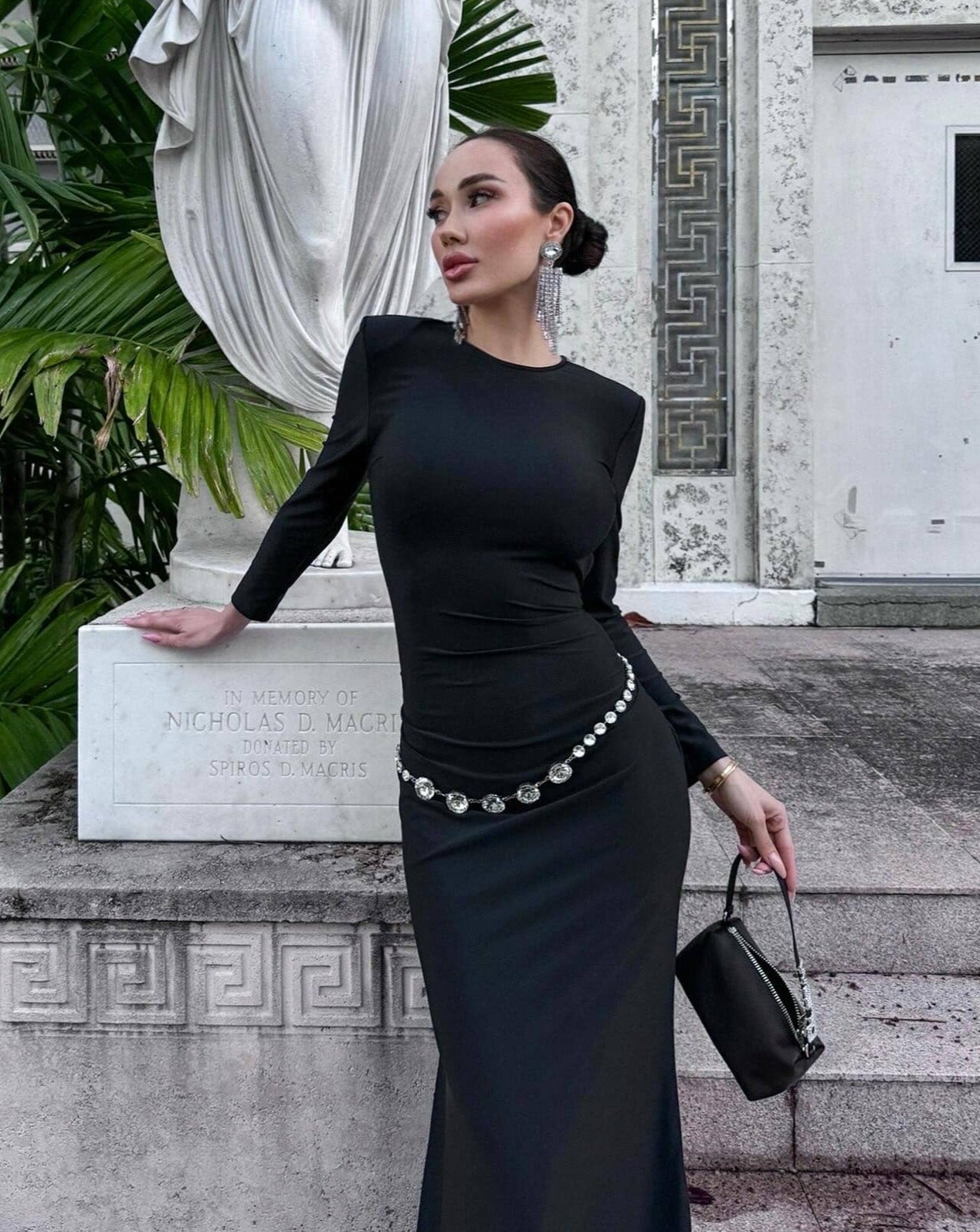 Long Sleeve Crystal Belt Maxi Dress Black HV9973