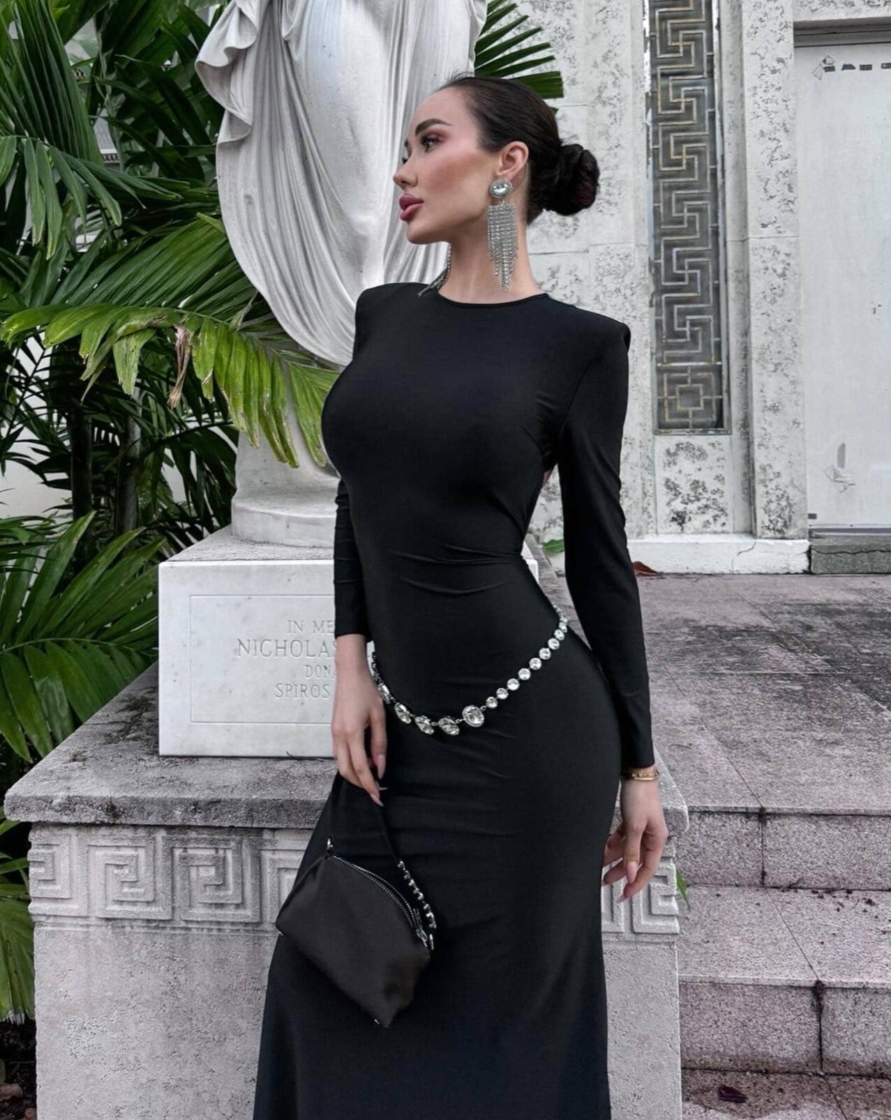 Long Sleeve Crystal Belt Maxi Dress Black HV9973