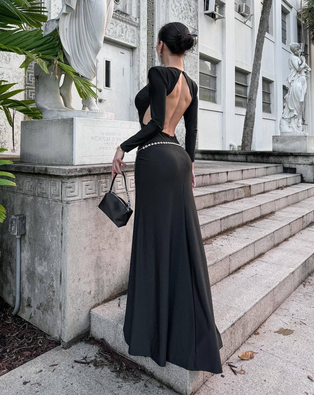 Long Sleeve Crystal Belt Maxi Dress Black HV9973