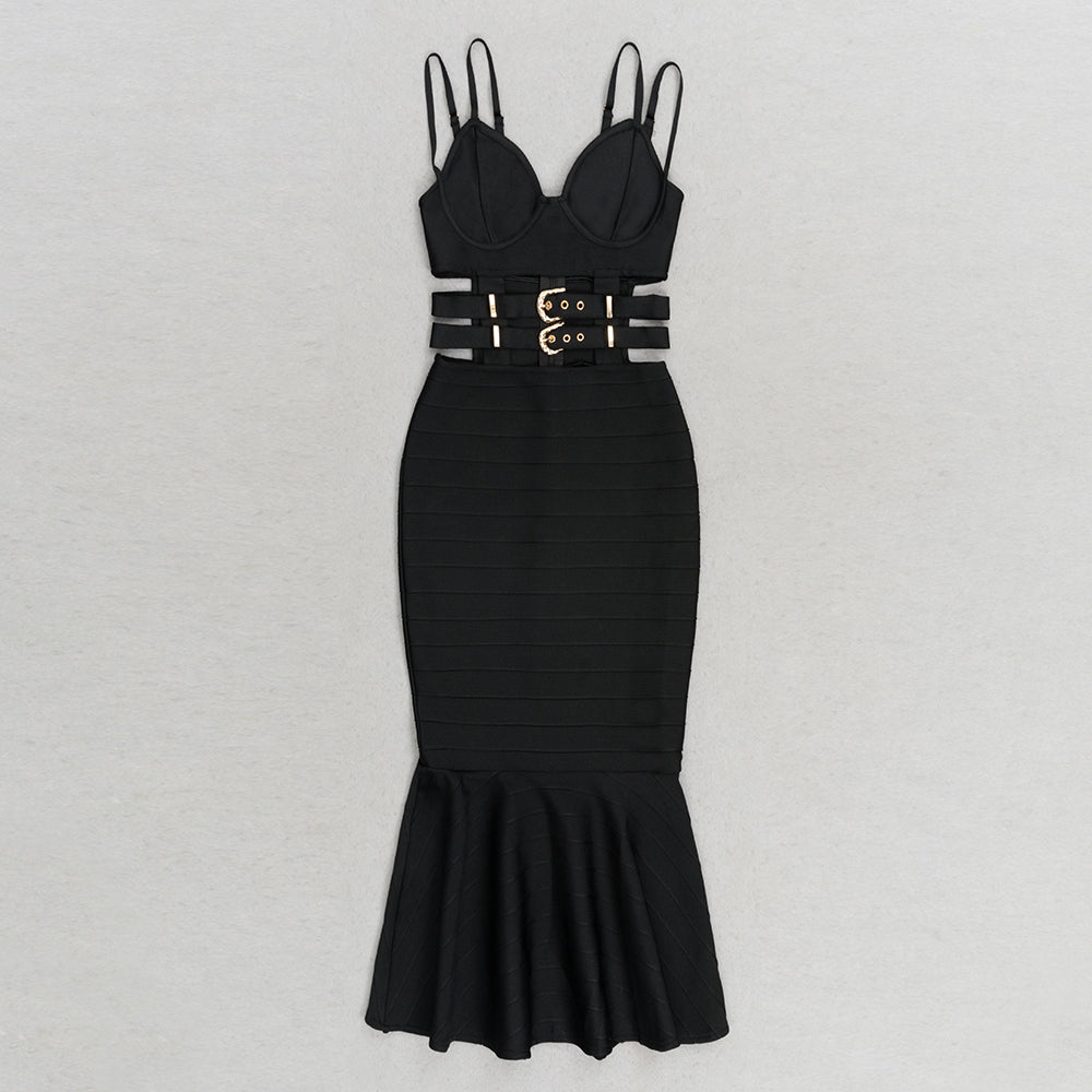 Bustier Belt Detail Mermaid Midi Dress Black HV9630