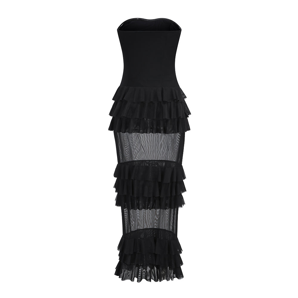 Strapless Ruffle Mesh Maxi Dress Black S025