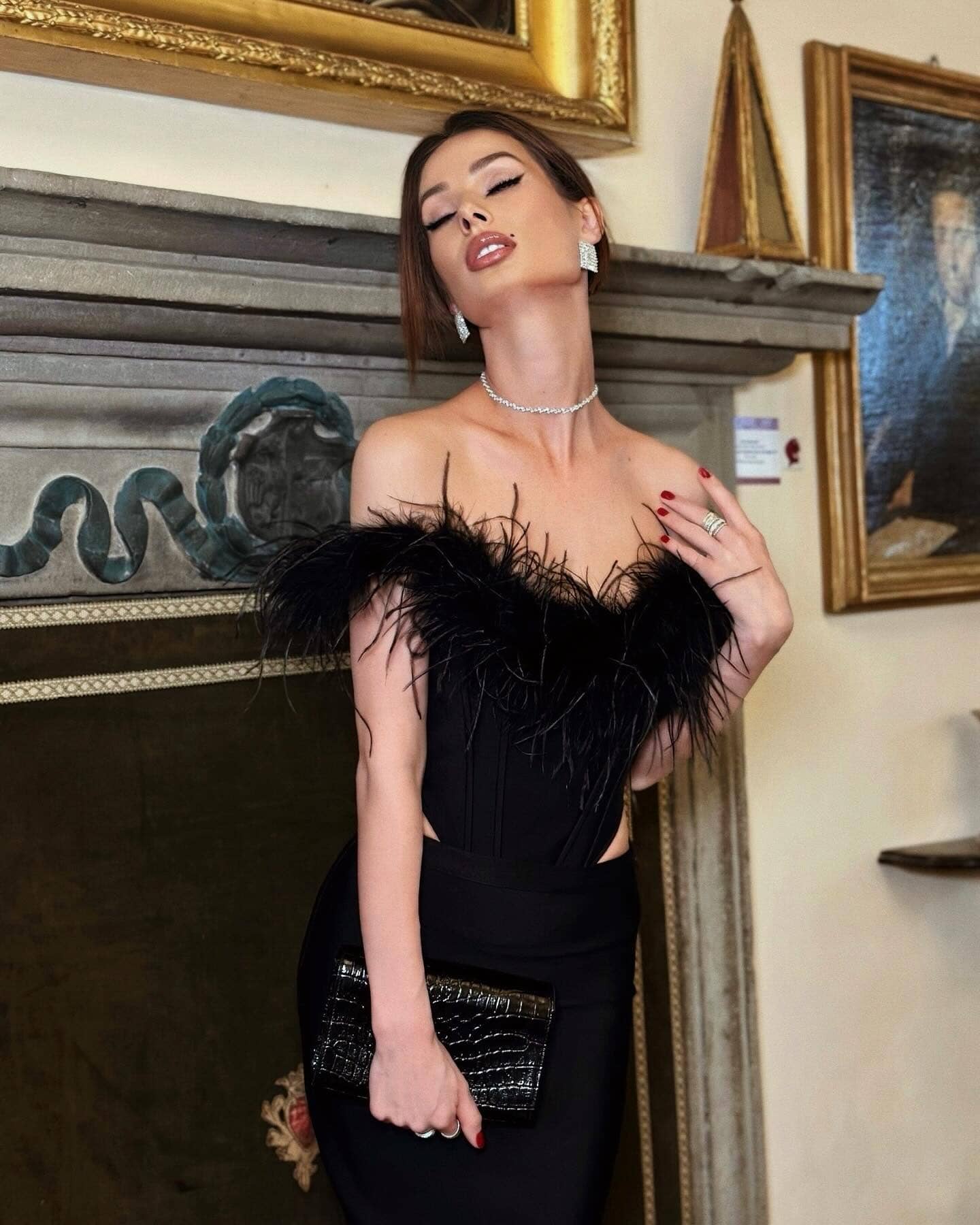 Feather Off Shoulder Mermaid Maxi Dress Black HV9955