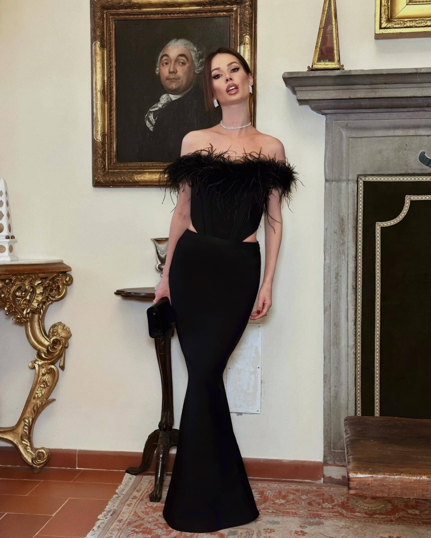 Feather Off Shoulder Mermaid Maxi Dress Black HV9955