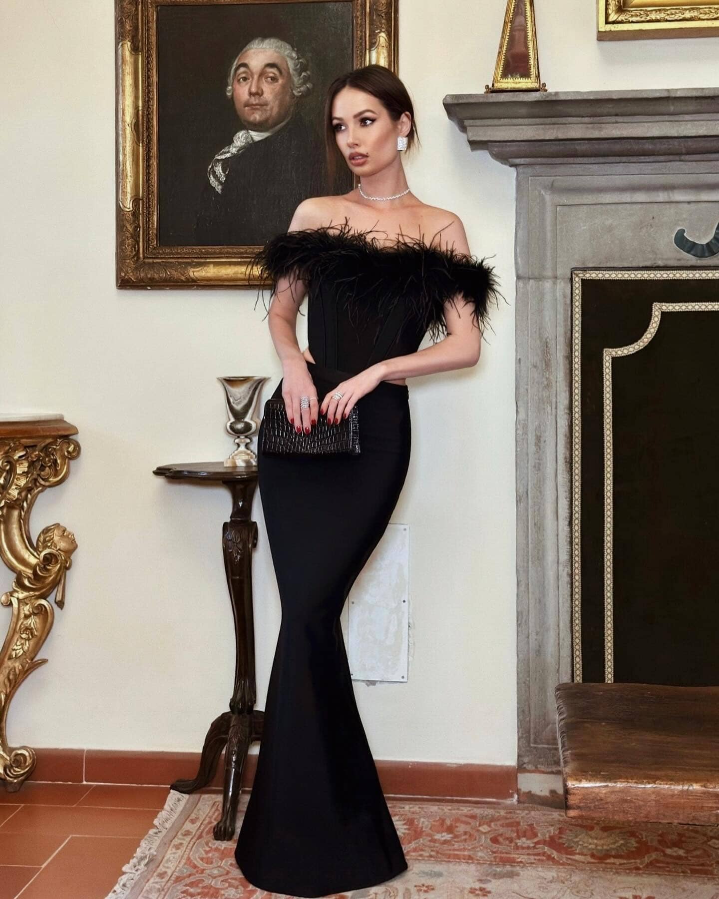 Feather Off Shoulder Mermaid Maxi Dress Black HV9955