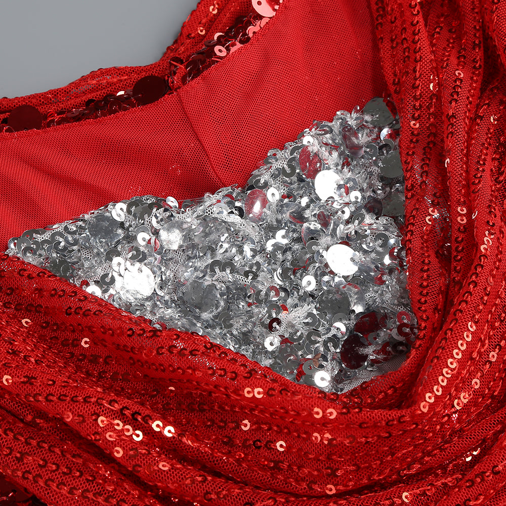 Draped Sequin Maxi Dress Red Silver HV1924