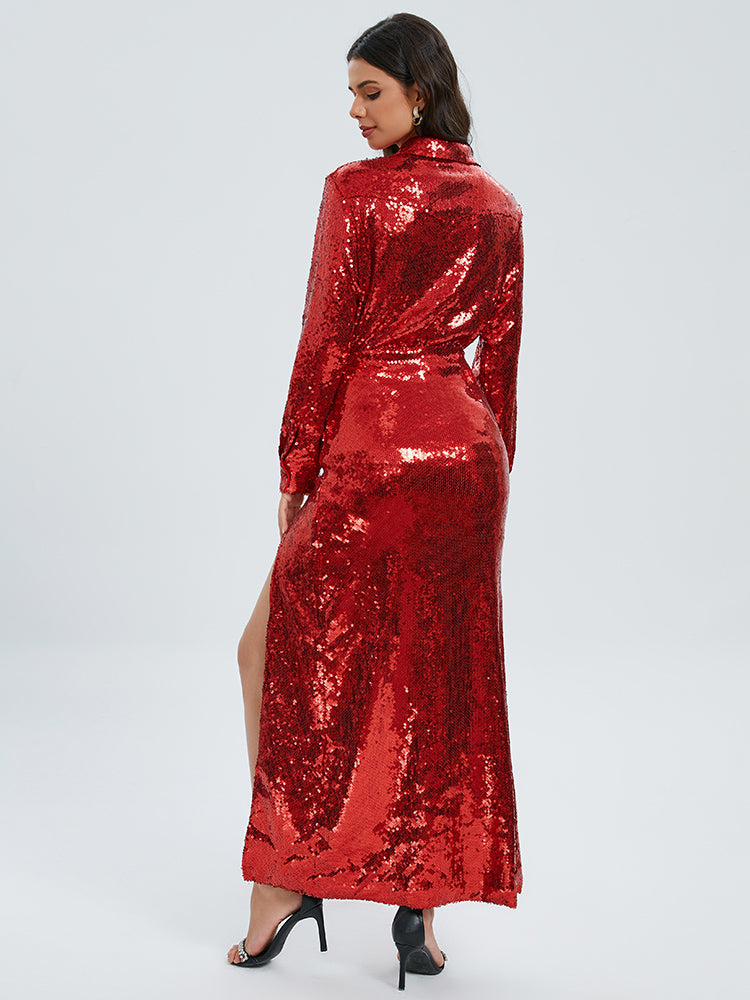 Long Sleeve Sequin Two Piece Midi Dress Gold HV9789