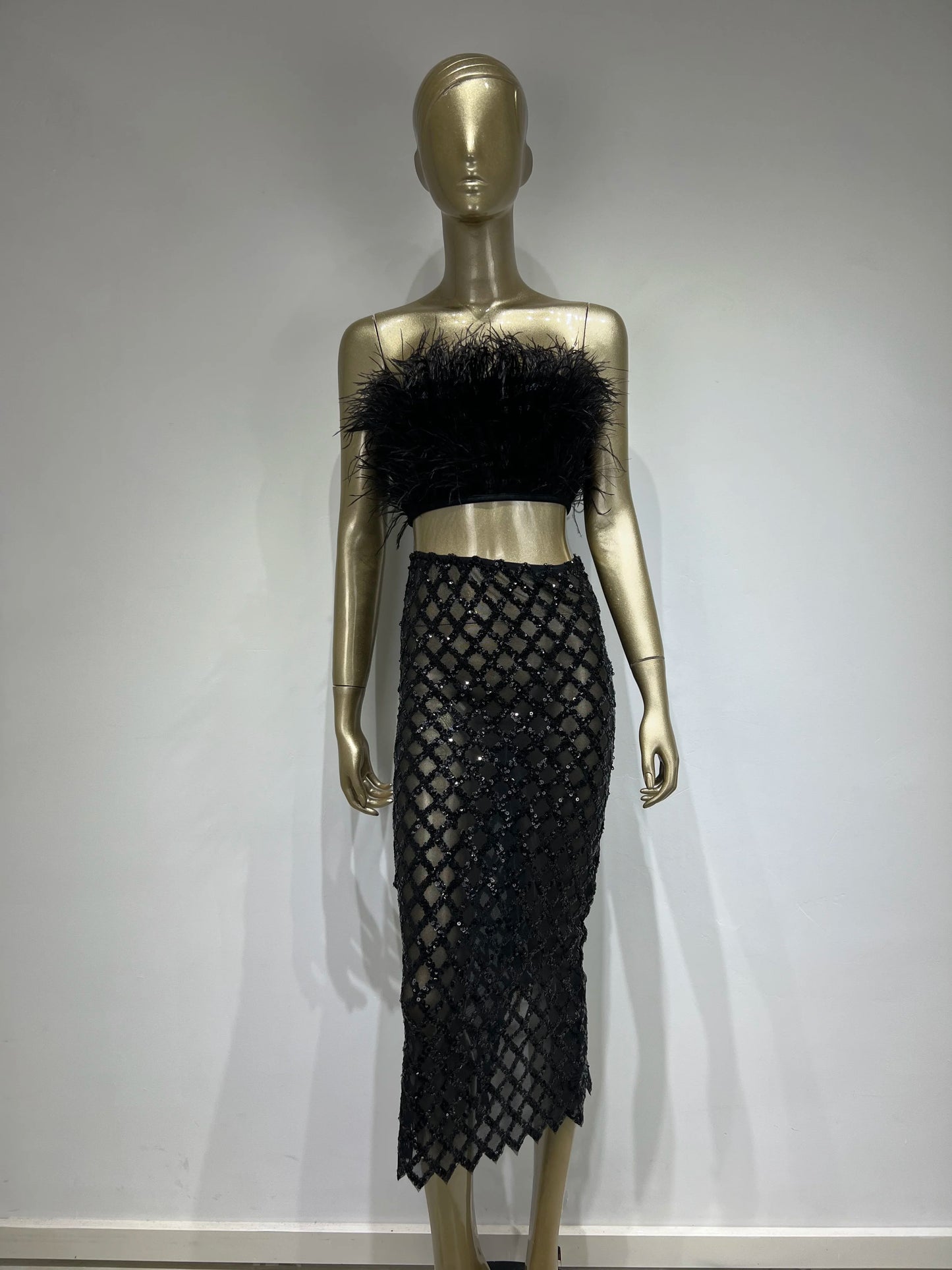 Strapless Feather Maxi Two Piece Dress HV8893