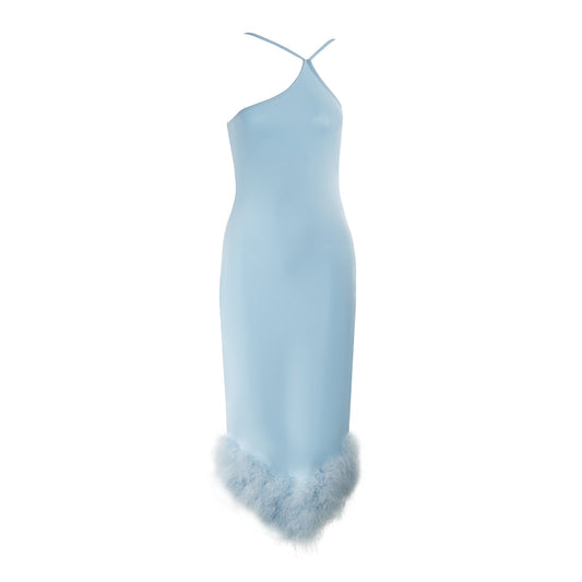 One Shoulder Feather Detail Midi Dress Blue