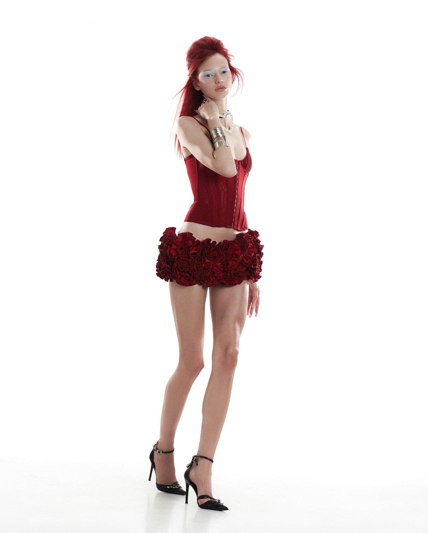 Strapless Corset Floral Ruffle Two Piece Dress Red HV1645