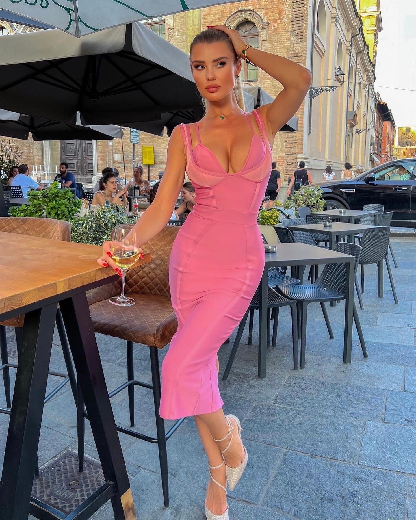 Mesh Bustier Structured Midi Dress HV8632