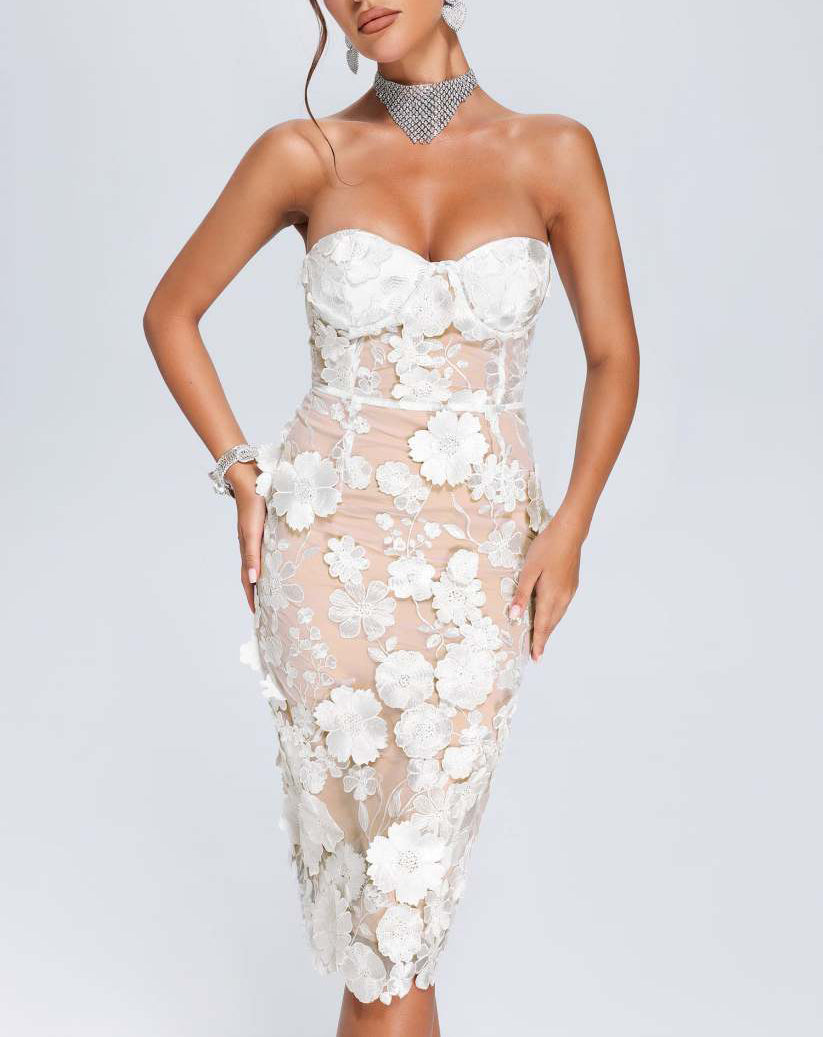 Strapless Bustier Floral Lace Midi Dress White HV1017