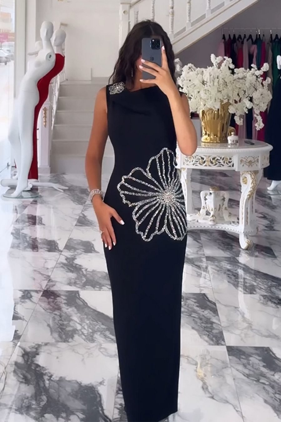 Crystal Floral Maxi Dress Black