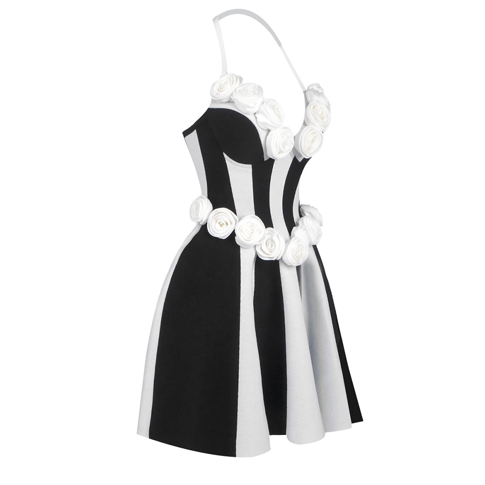 Strapless Floral Corset A Line Dress Black White HV2142