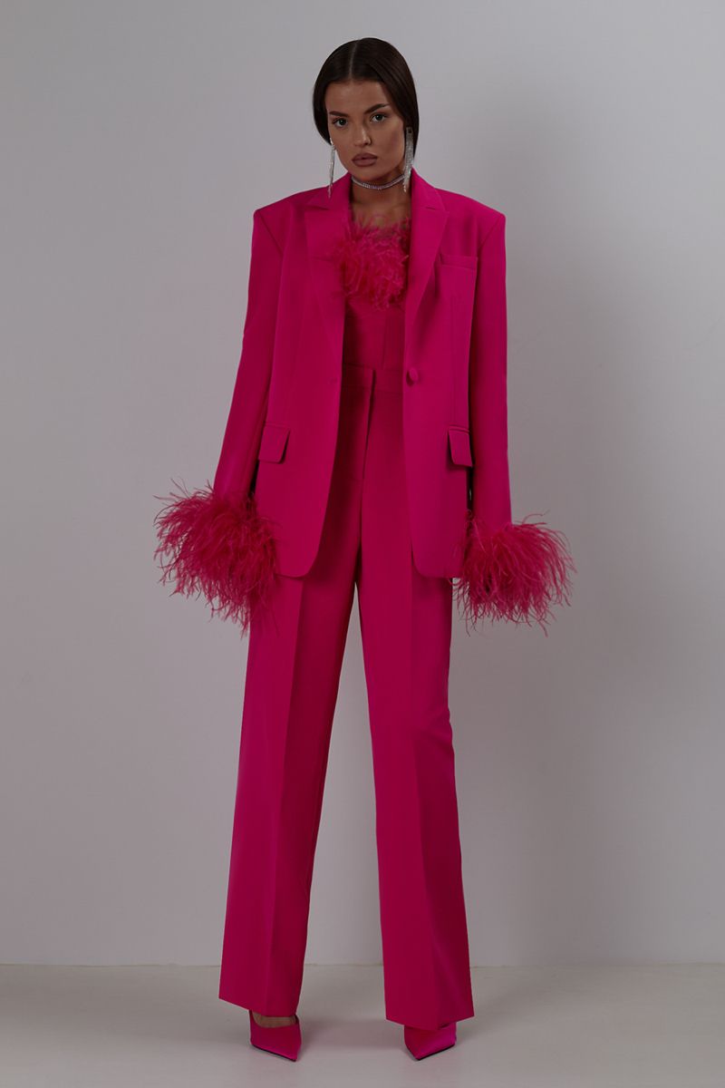 Long Sleeve Feather Detail Suit Hot Pink HV1267