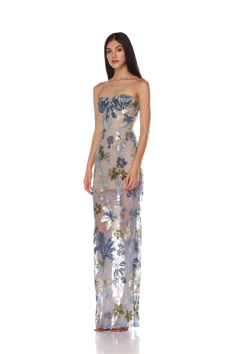 Strapless Sequin Embroidered Floral Maxi Dress Blue HV2099