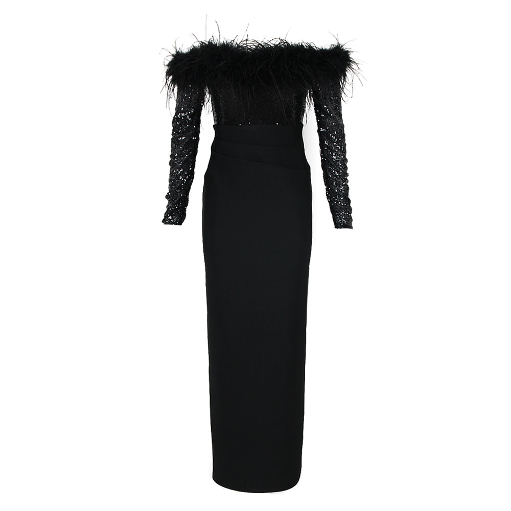 Long Sleeve Feather Sequin Maxi Dress Black HV1117