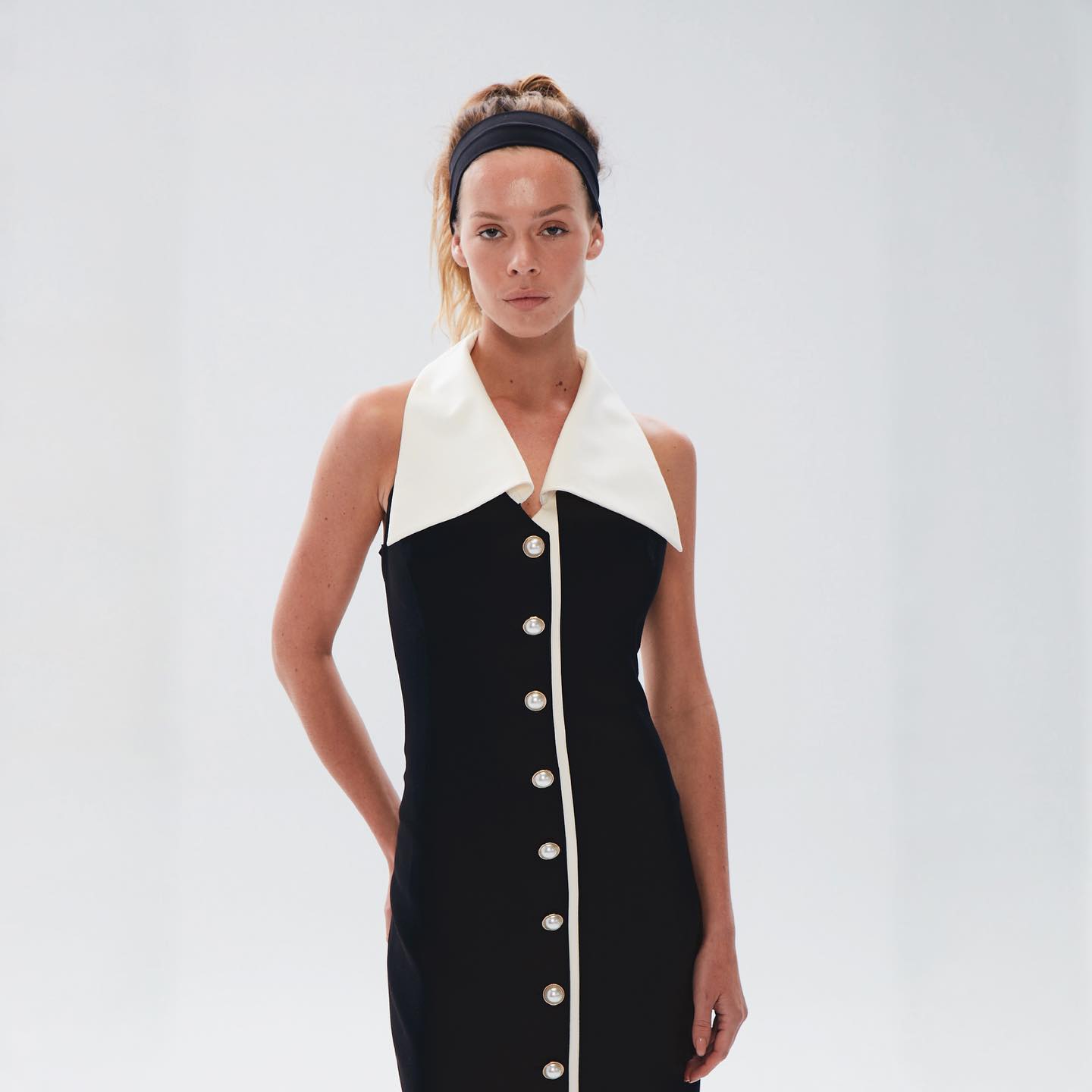 Halter Collar Maxi Dress Black White HV1780