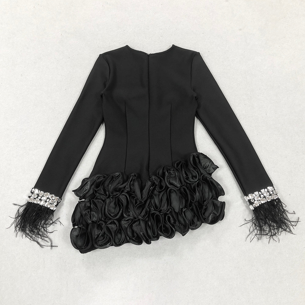Crystal Feather Long Sleeve Ruffle Dress