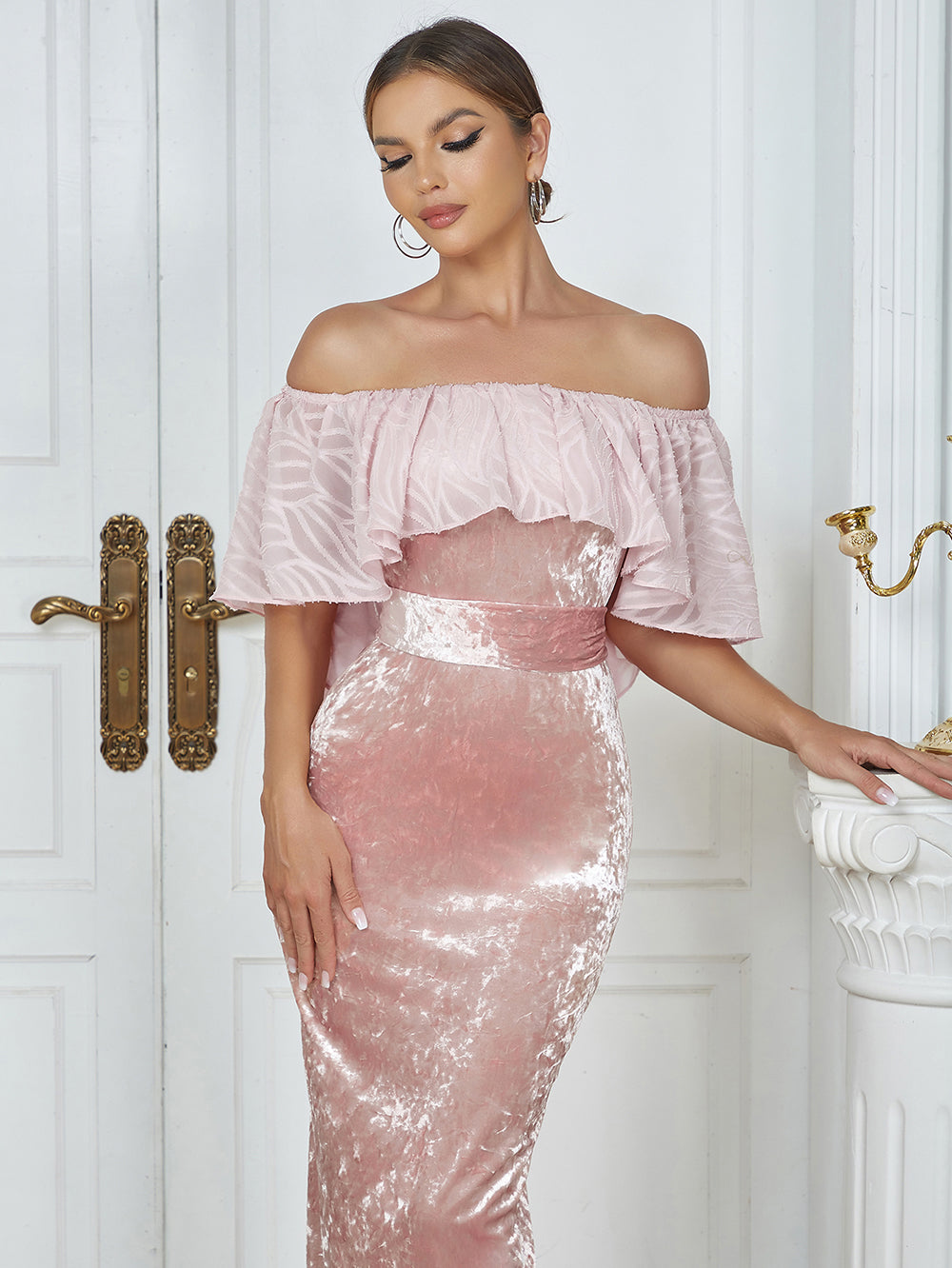 Ruffle Off Shoulder Maxi Velvet Dress Pink HV9754