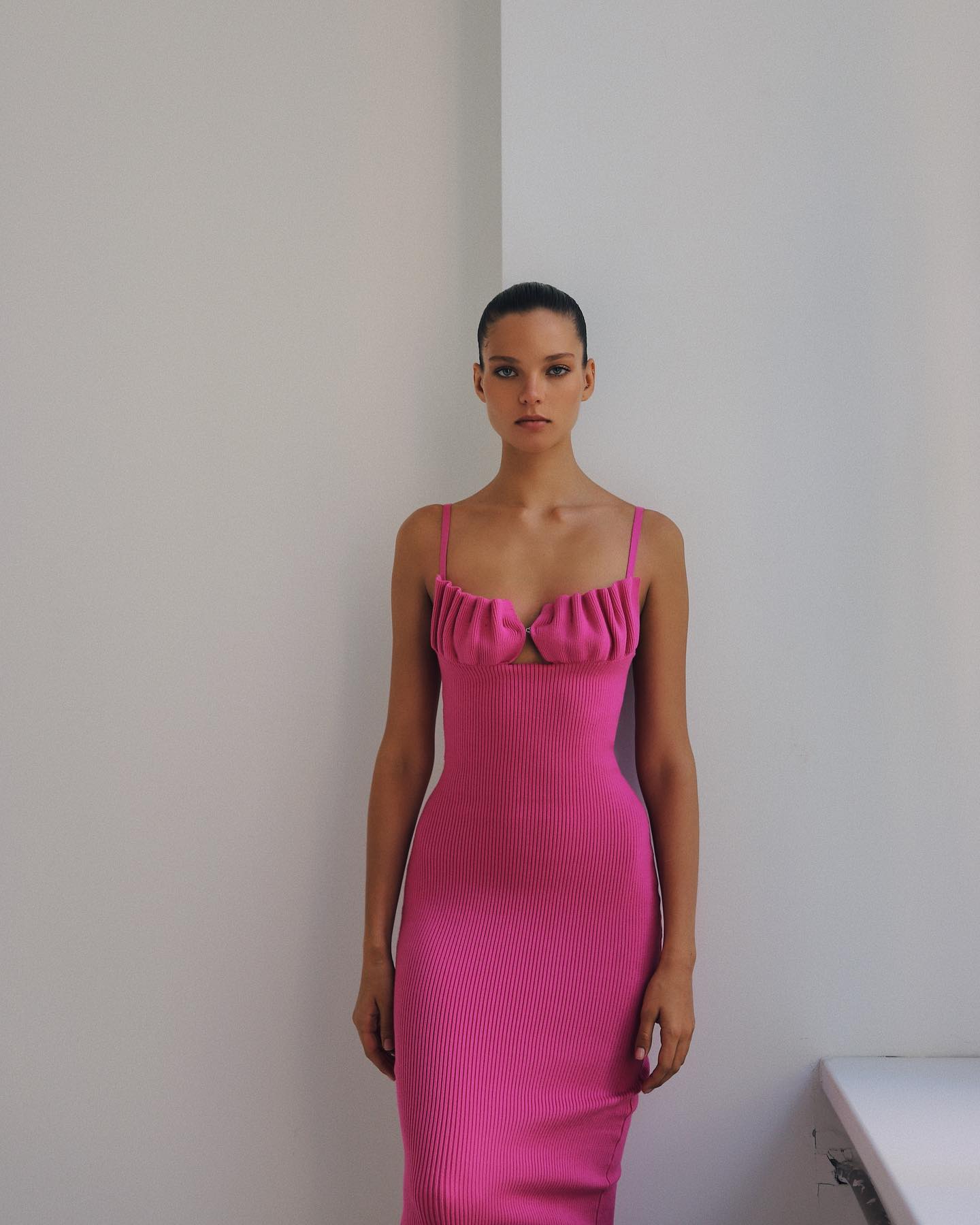 Draped Bustier Ribbed Midi Dress HV9839