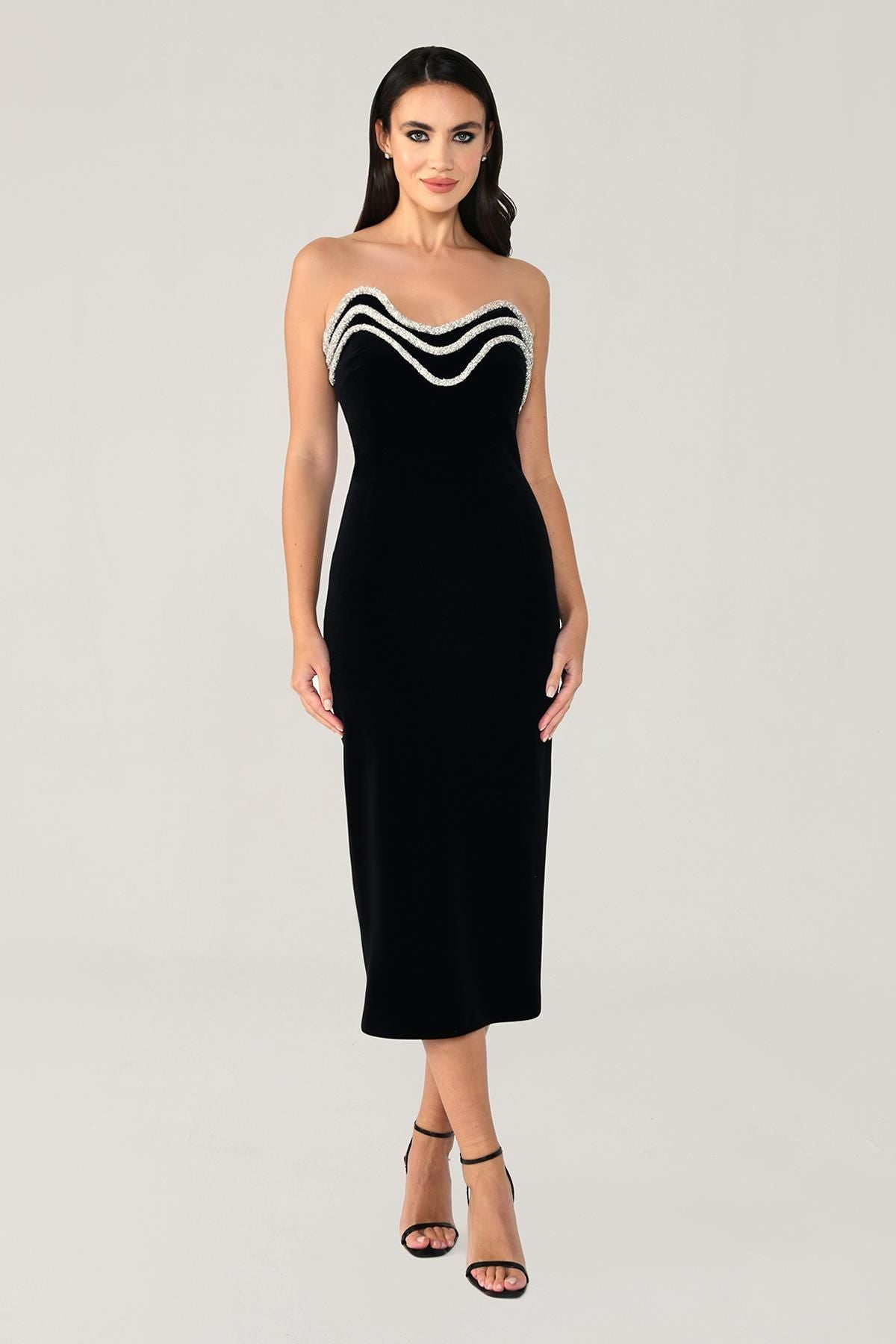 Strapless Crystal Trim Midi Dress Black HV1336