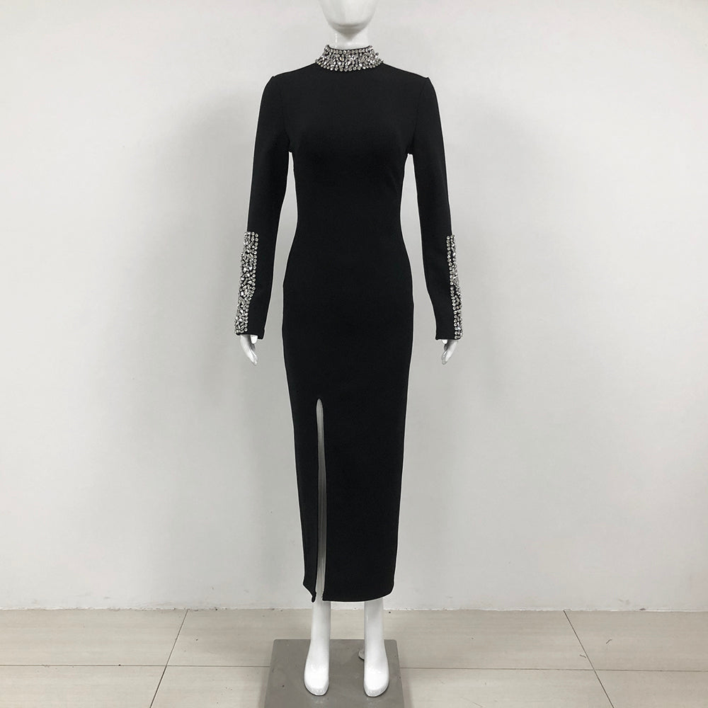 Long Sleeve Crystal Detail Midi Dress Black HV1687