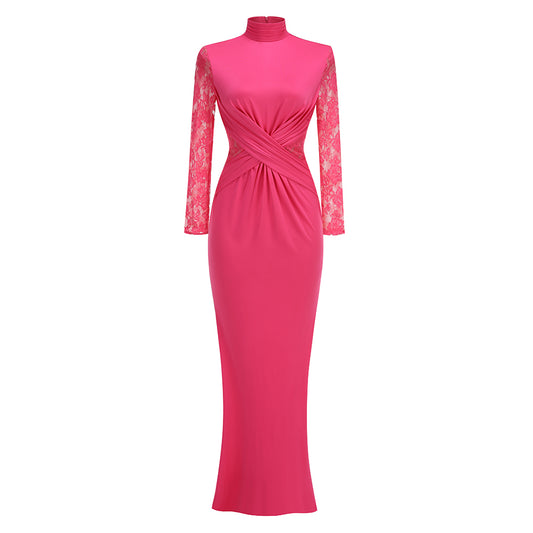Lace Long Sleeve Draped Maxi Dress Hot Pink HV1768