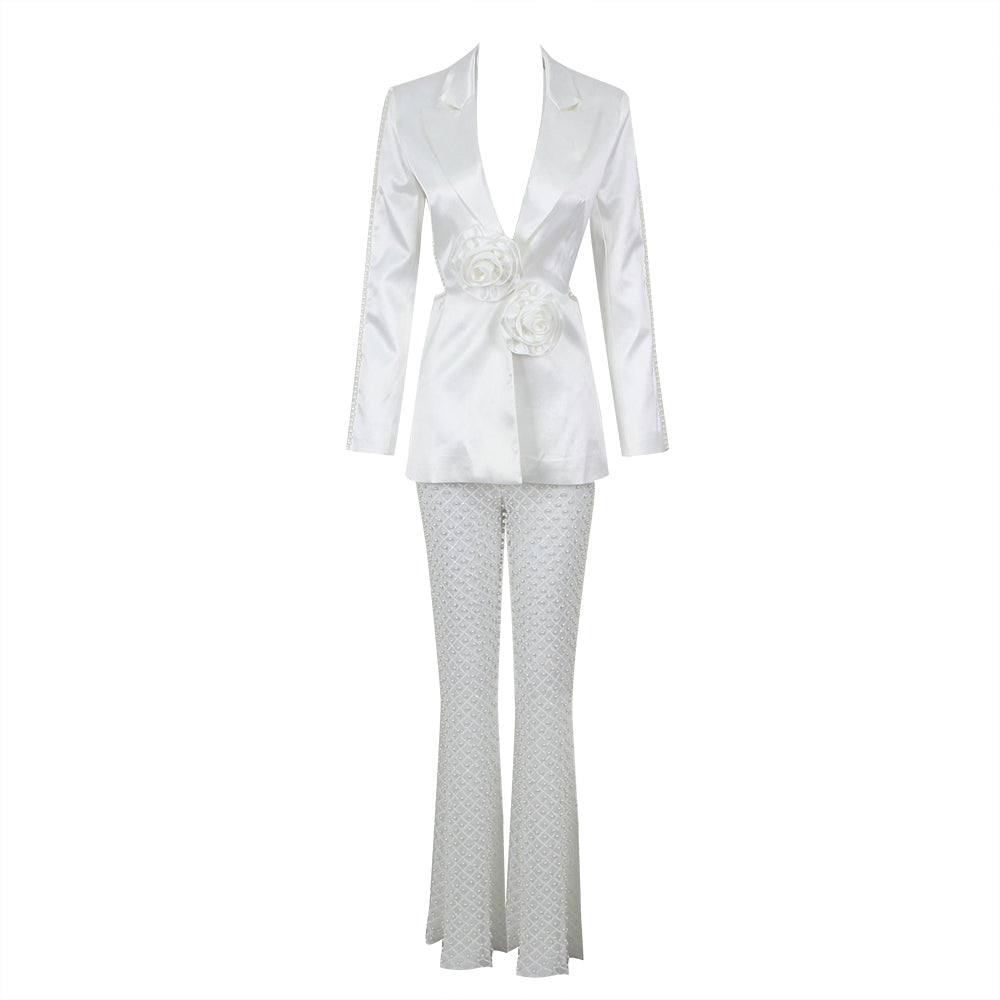 Long Sleeve Pearl Silk Suit White HV9953