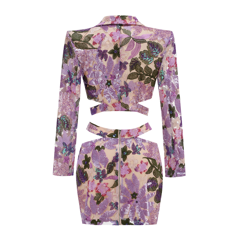 Long Sleeve Sequin Floral Two Piece Dress Purple HV2948