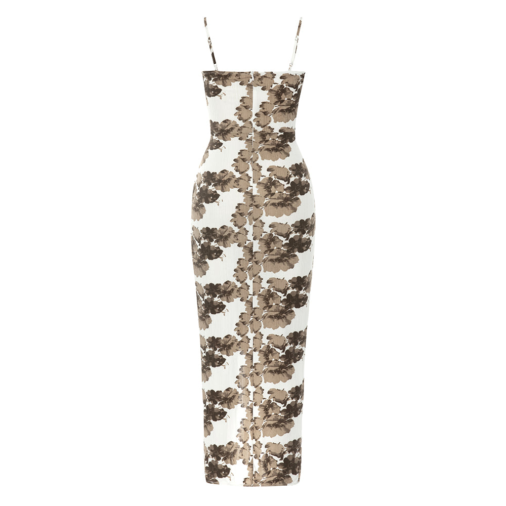 Floral Ruffle Draped Maxi Dress Brown White HV9527