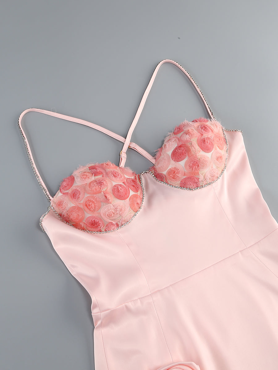 Crystal Floral Bustier A Line Dress Pink