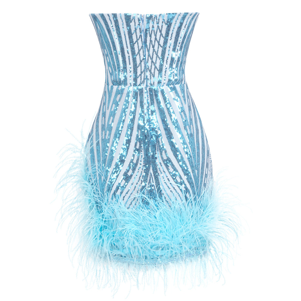 Strapless Sequin Crystal Feather Dress Blue HV1741
