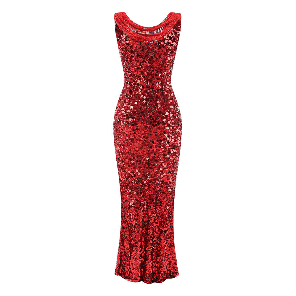 Draped Sequin Maxi Dress Red Silver HV1924