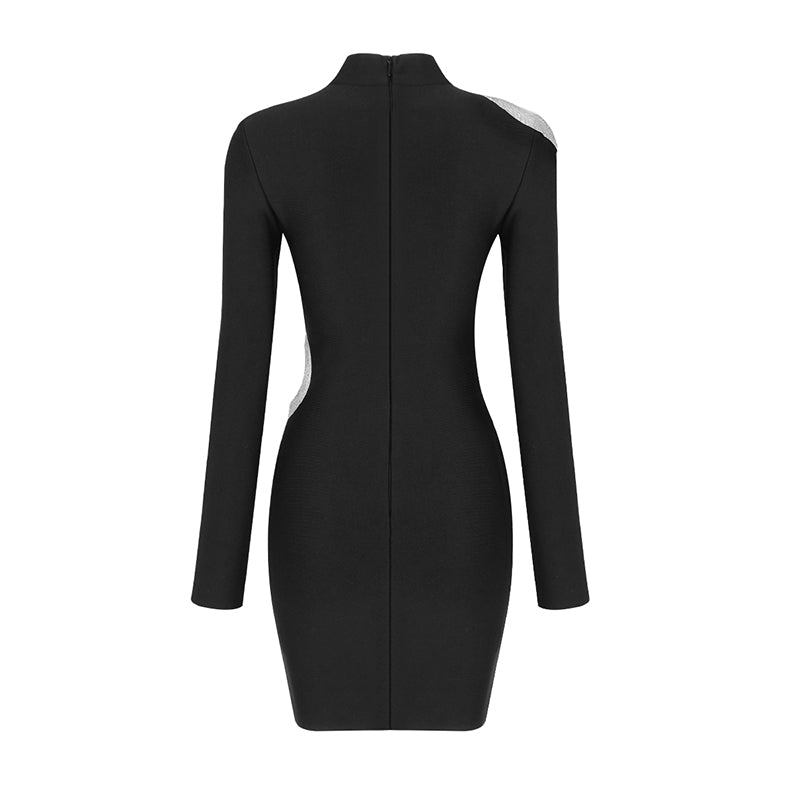 Long Sleeve Rhinestone Cut Out Dress Black HV8681