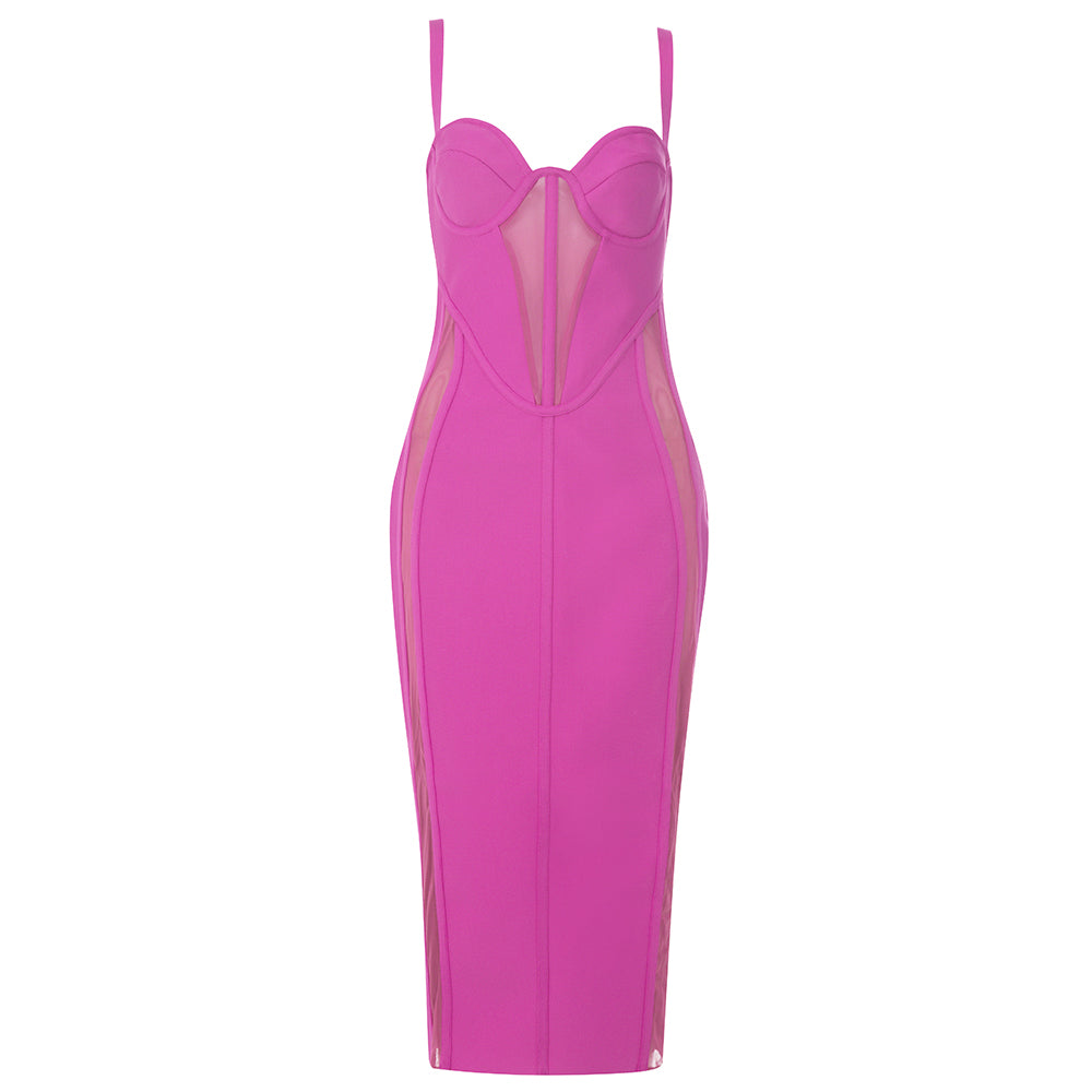 Bustier Structured Mesh Midi Dress Hot Pink HV9799