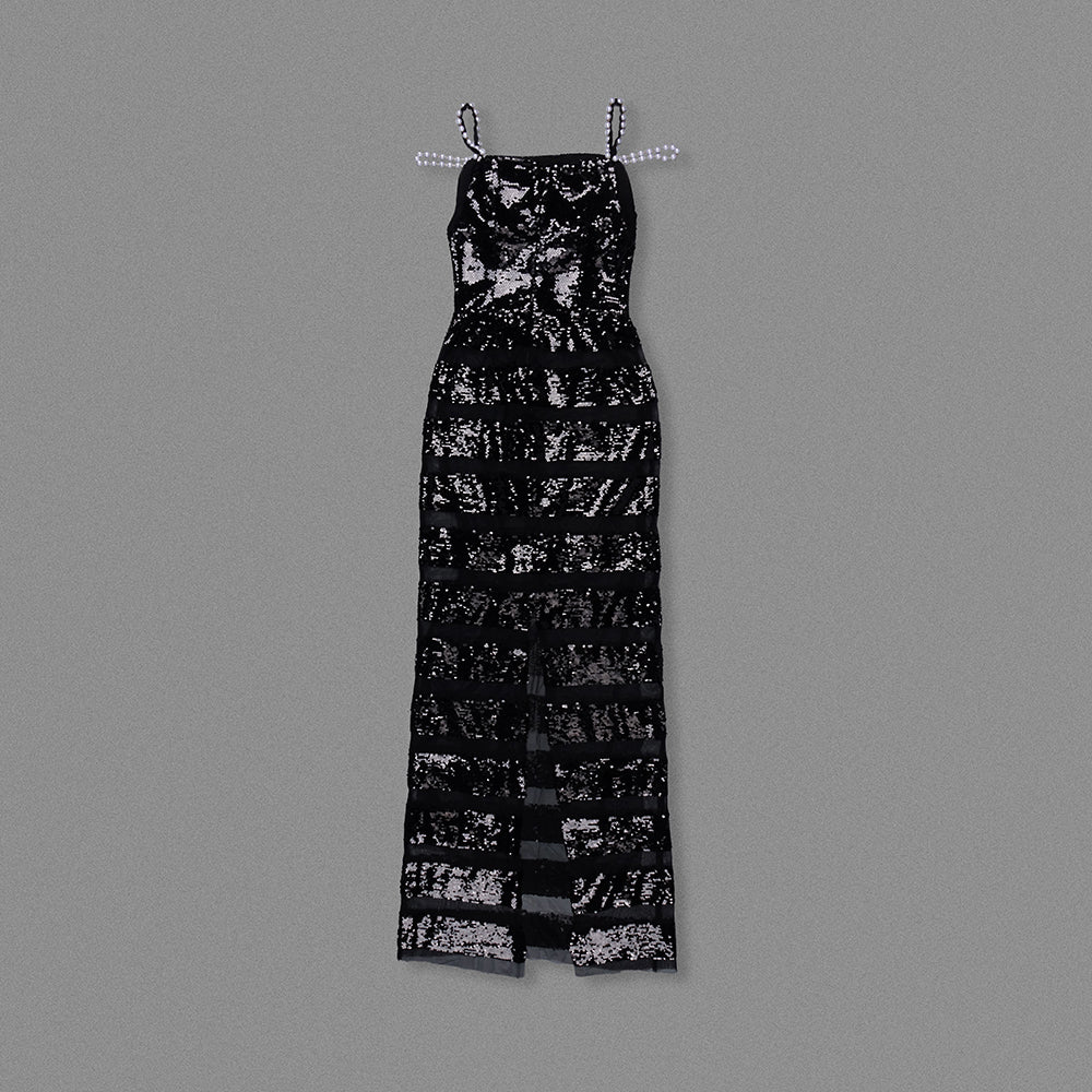 Pearl Straps Mesh Insert Sequin Maxi Dress Black HV1917