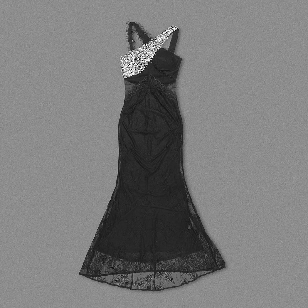 Halter Crystal Lace Maxi Dress Black HV1727