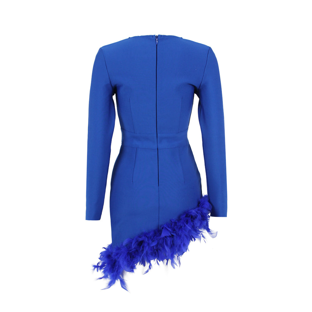 Long Sleeve Rhinestone Feather Dress HV9215