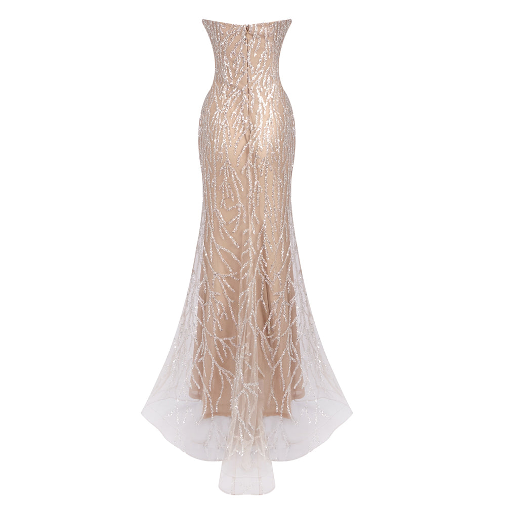 Strapless Crystal Pearl Sequin Maxi Dress Nude HV2146