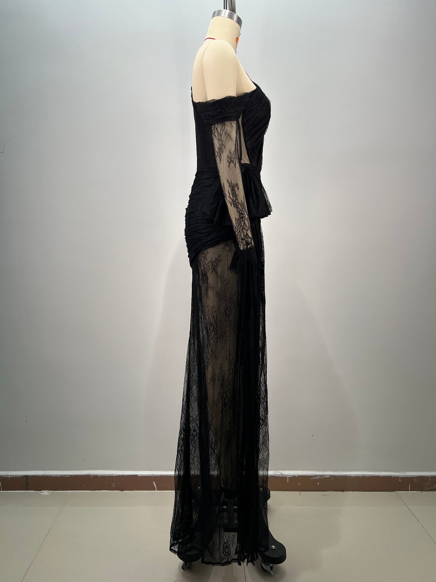 Long Sleeve Draped Lace Maxi Dress Black HV1744