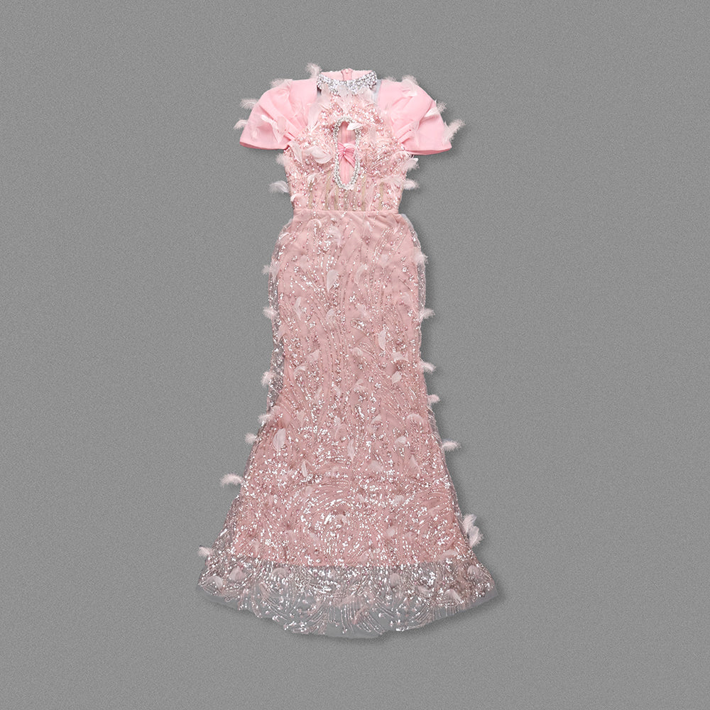 Halter Crystal Sequin Feather Maxi Dress Pink HV1961