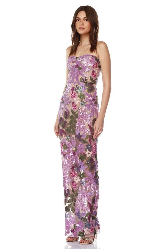 Strapless Floral Sequin Bustier Maxi Dress Lavender HV1373