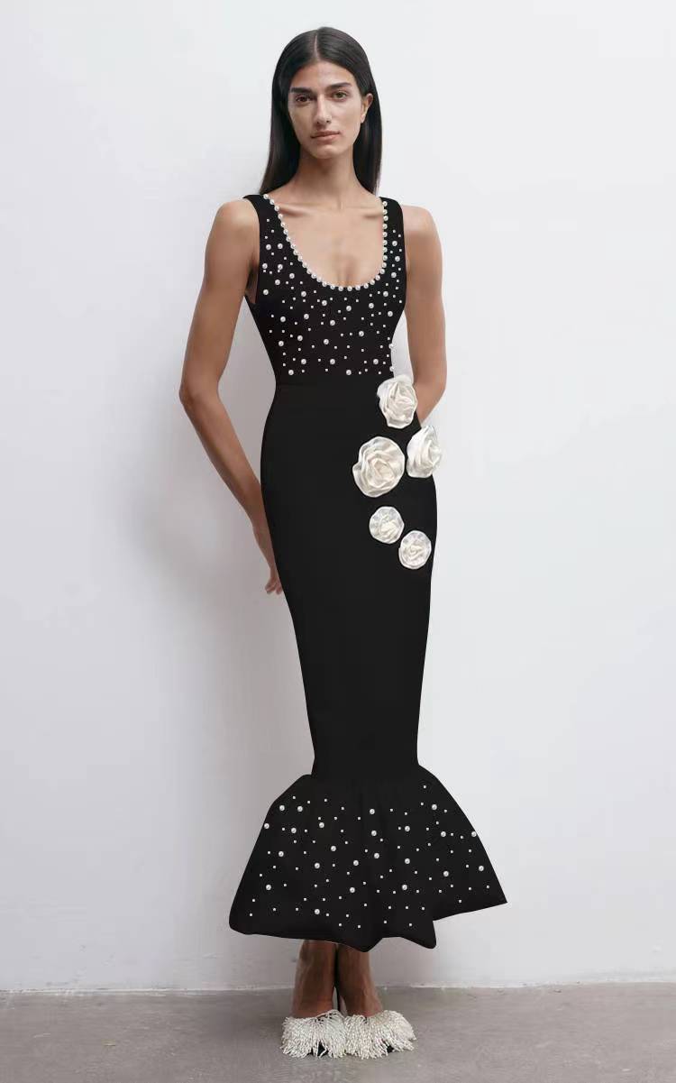 Floral Pearl Mermaid Midi Dress Black HV1598