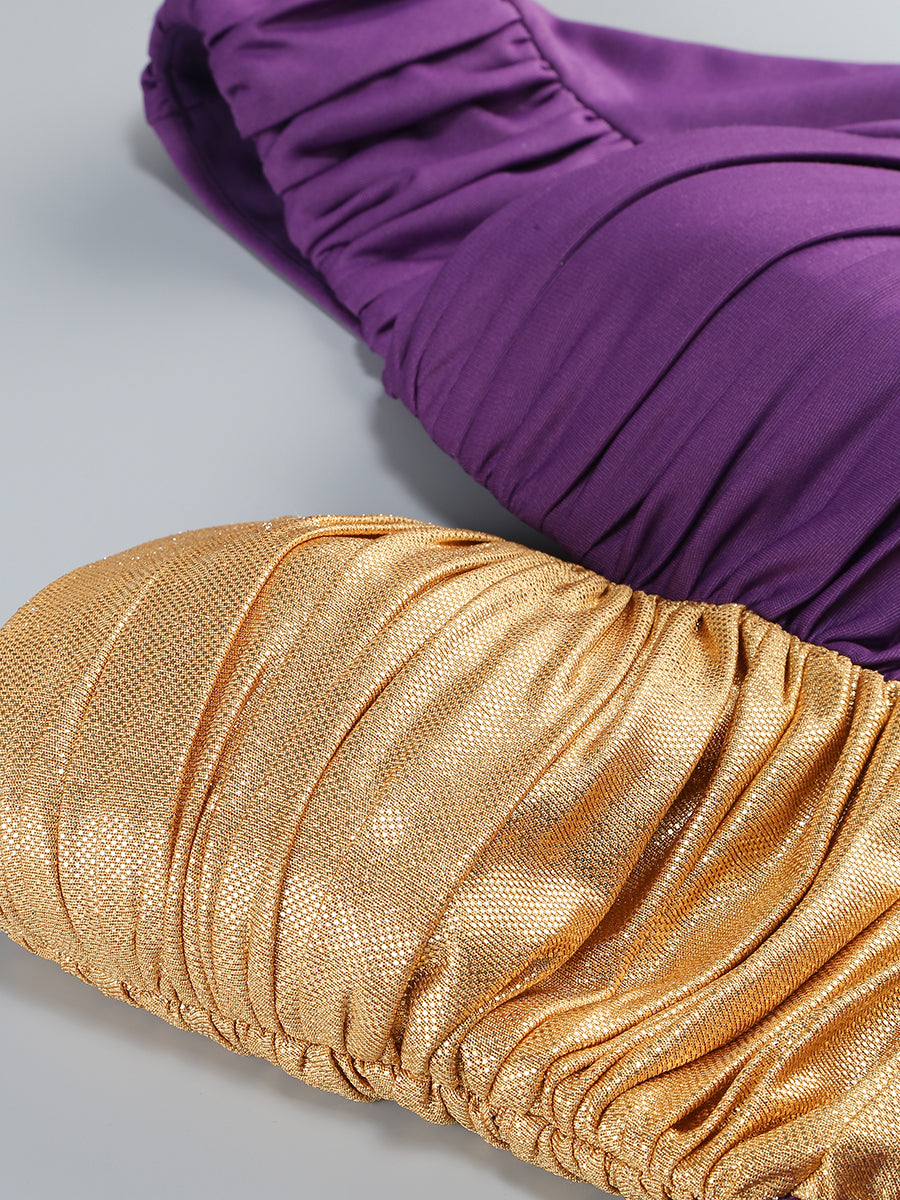One Sleeve Ruched Dress Purple Gold