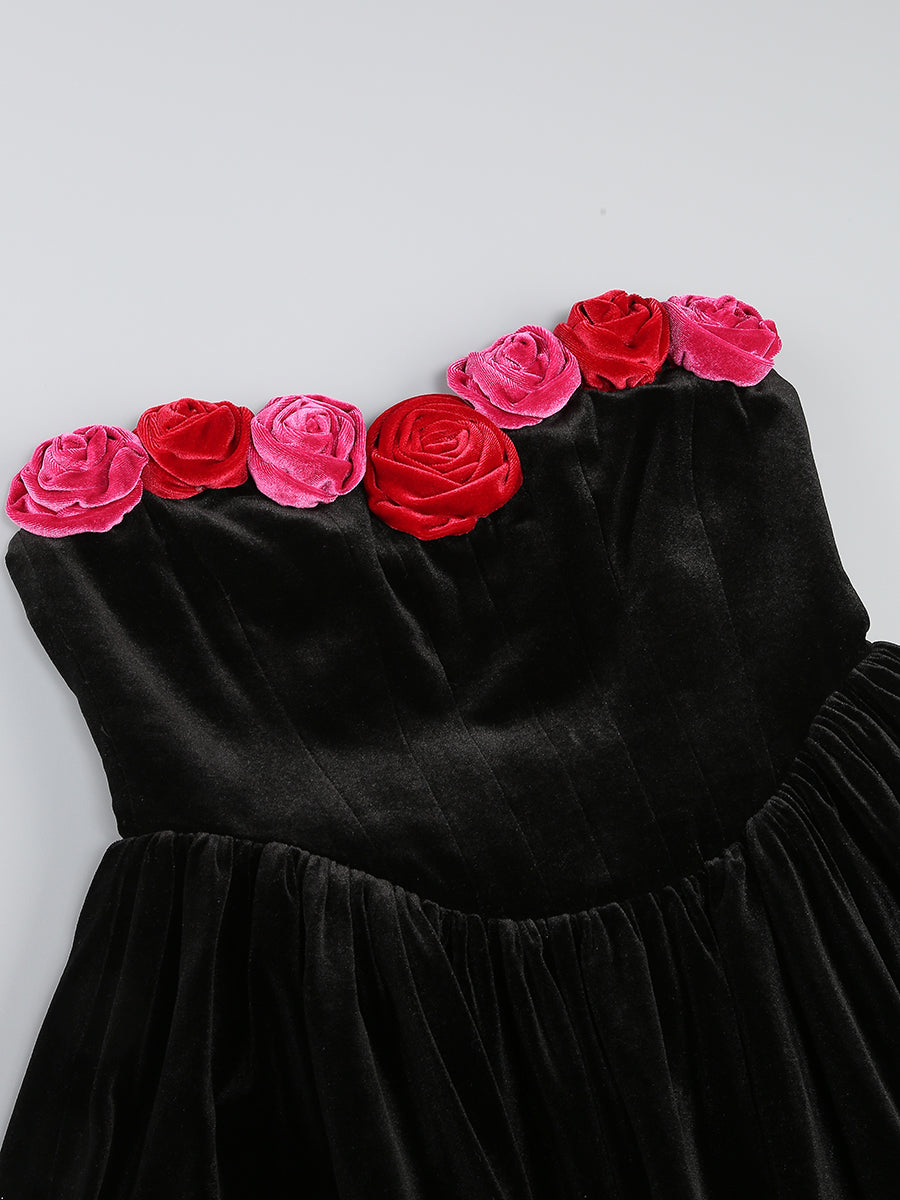 Flower Detail Strapless A Line Velvet Dress Black HV1173