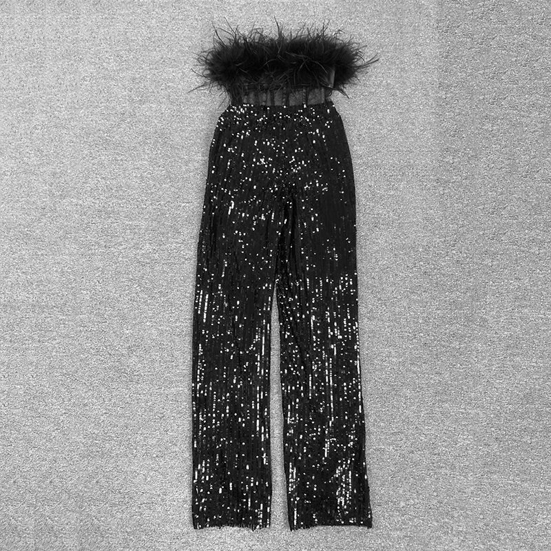 Strapless Feather Sequin Jumpsuit Black HV1549