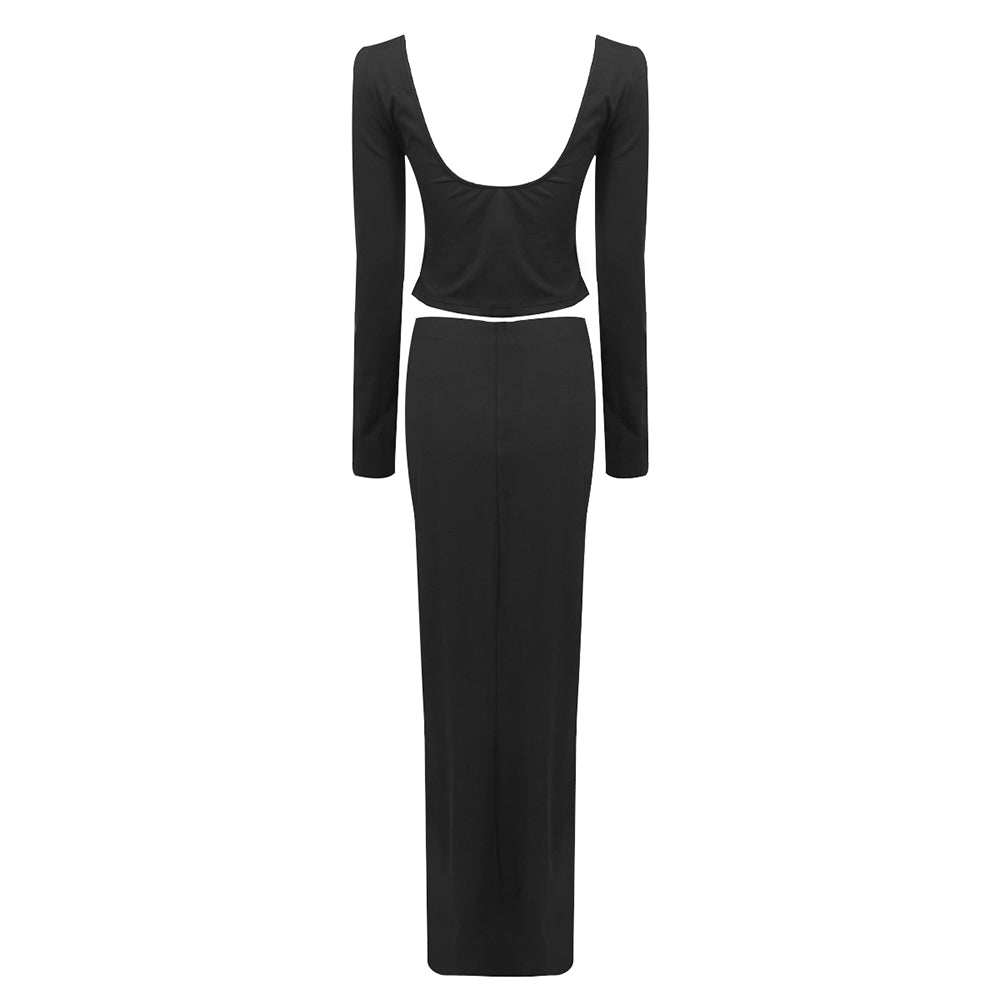 Long Sleeve Ruffle Two Piece Maxi Dress Black HV1050
