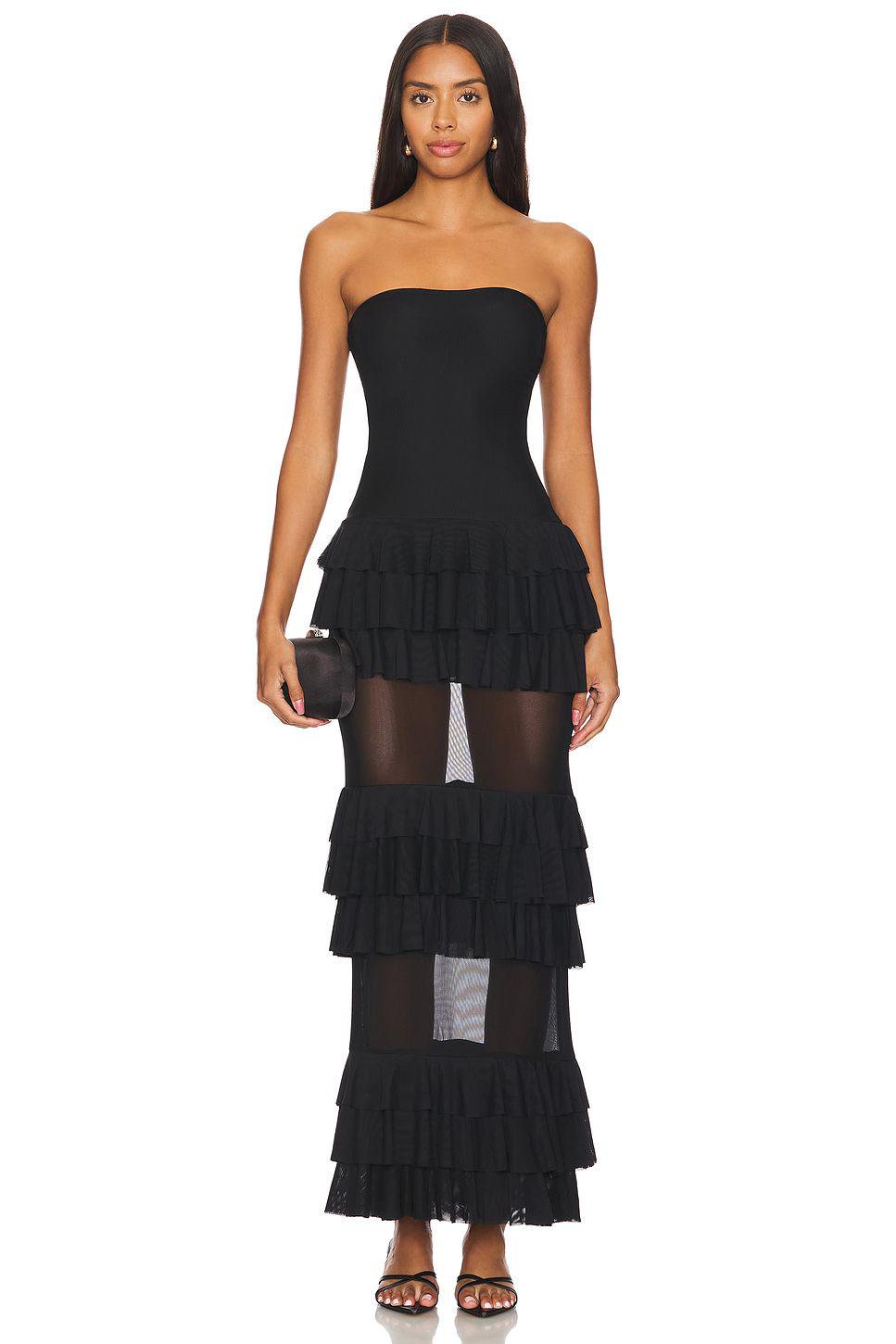 Strapless Ruffle Mesh Maxi Dress Black S025