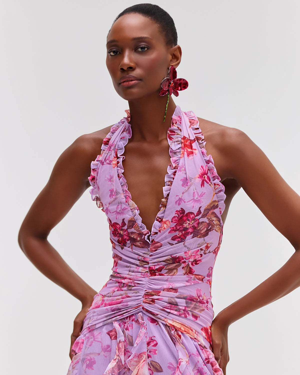 Halter Floral Ruffle Maxi Dress Pink HV2137